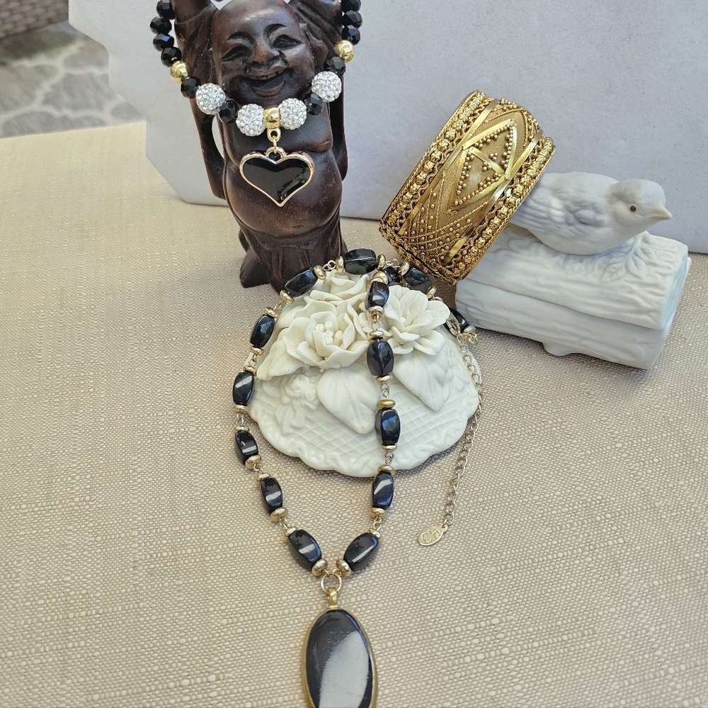 SET! Carolina Herrera Bead Necklace, Brass Cuff, & Black Bead Bracelet SET! - Picture 8 of 14